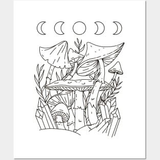 Cottagecore Mushroom Moon Phases Line Art Posters and Art